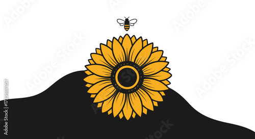 Sunflower with bee illustration on white and black background.