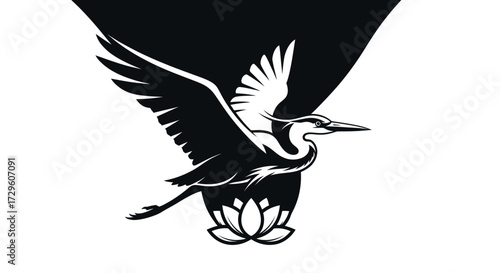 Elegant Heron in Flight Above a Lotus Flower.