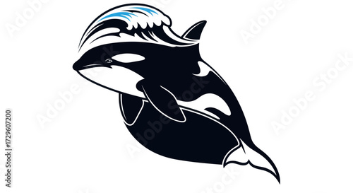 Stylized orca killer whale with an ocean wave design.