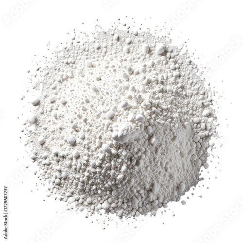 Pile of white, fine powder; granular texture; top view