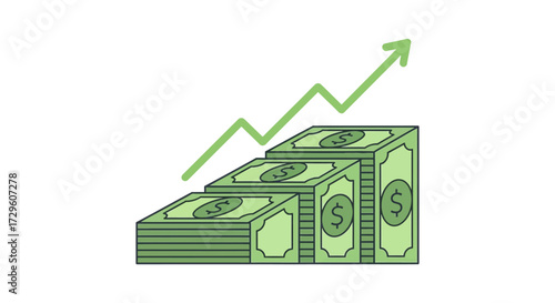 Rising fortunes visualized: escalating money stacks with upward trending arrow showcasing