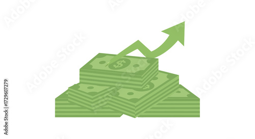 Financial growth concept featuring stacked bundles of money and an ascending green arrow