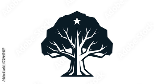 Stylized black oak tree silhouette with a single star icon.