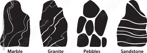 Black and White Rock Types Marble Granite Pebbles and Sandstone Geology Elements Vector