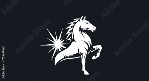 Majestic White Horse Rearing Up With Bright Starburst Illustration.