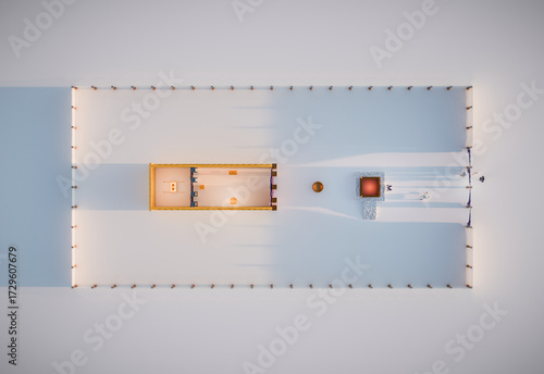 Sanctuary top view, plain background, showing the placements of the furniture inside the wilderness tabernacle built in the time of Moses, Biblical imagery, book of Exodus. 3d illustration