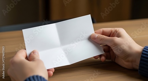 Hands carefully opening a blank, folded paper for message or invitation