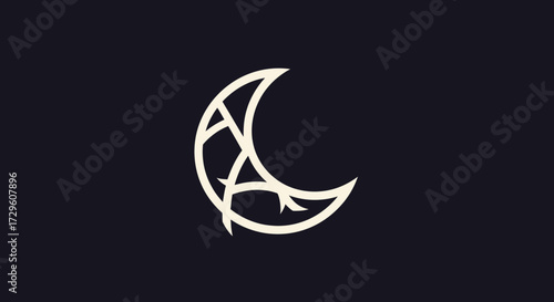 Crescent Moon with Abstract Letter A Design in Monoline Style.
