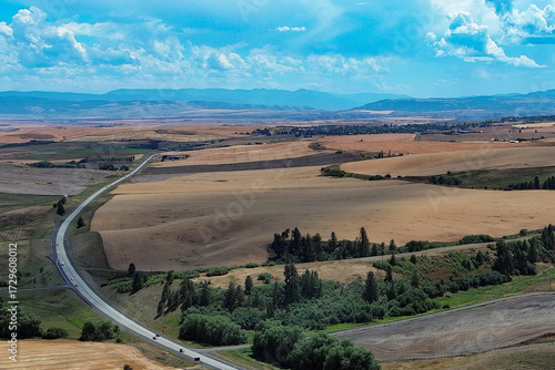 drone photo of US Highway 95 near Cottonwood in Idaho County showing harvested farm fields and the Camas Prairie