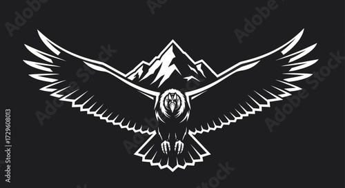 Majestic Eagle with Spread Wings and Mountain Peak Silhouette.
