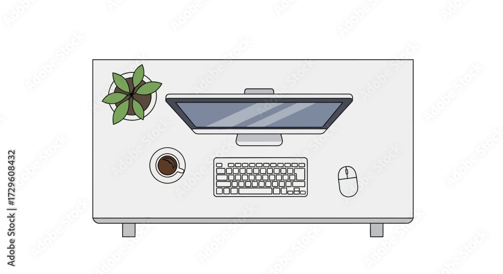Obraz premium Modern minimalist workspace setup with computer plant coffee and peripherals illustration