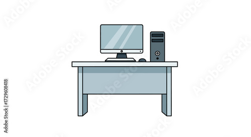Cartoon styled desk with computer screen and tower ready for work or study task