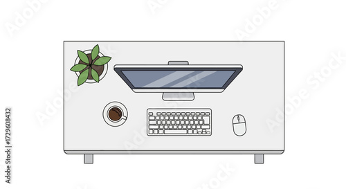 Modern minimalist workspace setup with computer plant coffee and peripherals illustration