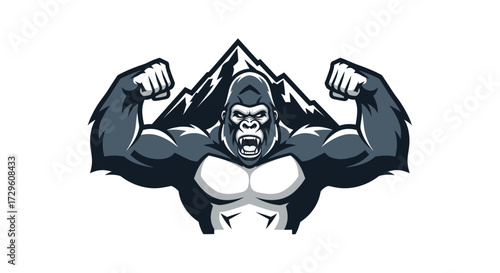 Strong Gorilla Flexing Muscles with Mountain Background Symbolizing Power and Strength.