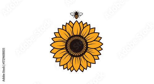 Vibrant yellow sunflower with a small honey bee flying above.