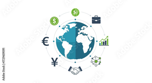 Global economics concept with currency symbols and international finance operations illustration