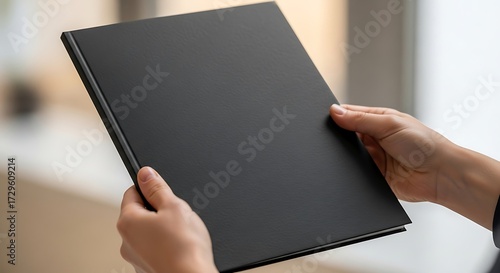 Hands present blank black hardcover book, ready for custom design