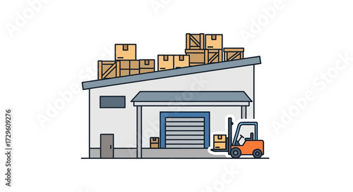 Cartoon illustration of a distribution warehouse with forklift and stacked parcels for logistical