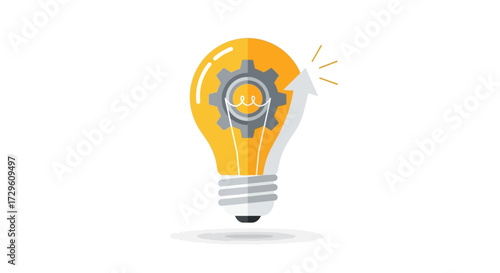 Innovative mechanism: A glowing bulb, gear element and upward pointing arrow represent progress