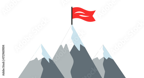 Triumph Peak: Symbolizing Achievement with Red Flag on Snowy Mountain Summit