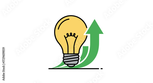 Growth of ideas presented using a bulb alongside with an upward trending arrow