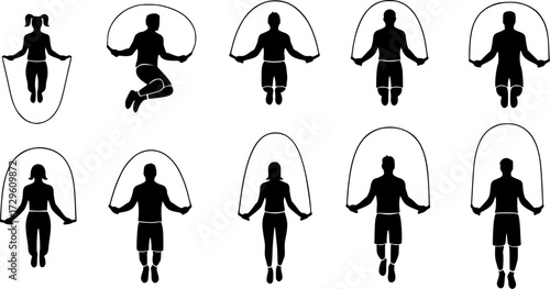 Jumping rope, Jumping rope silhouette, Jump rope skipping silhouette, Jump rope skipping , Jumping rope vector bundle