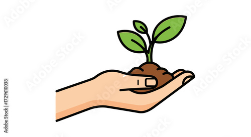 A hand presenting a young plant emerging from the soil representing nurturing growth and new
