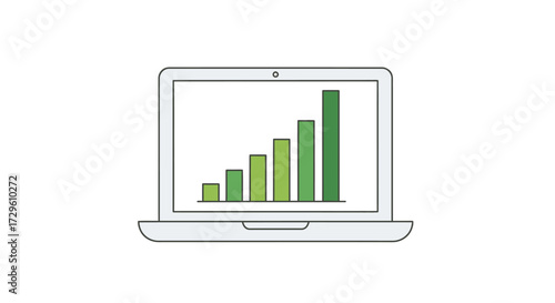 Laptop displaying a vibrant green bar graph illustrating progressive growth trends