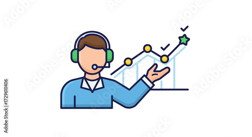 Operator presenting sales performance growth and strategies to clients on white isolated background