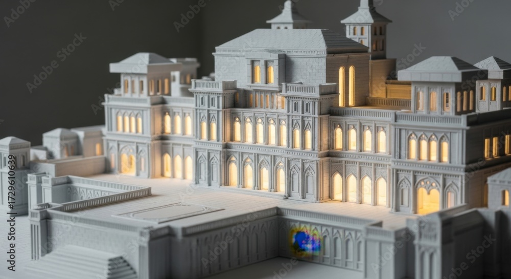 Fototapeta premium Detailed White Architectural Model of Historic Palace or Mansion with Illuminated Windows and Elegant Design