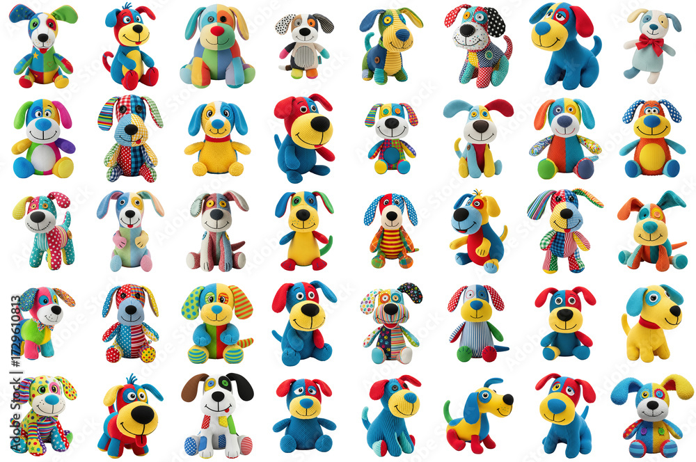 Obraz premium Colorful Plush Toy Dogs Set Transparent Background PNG