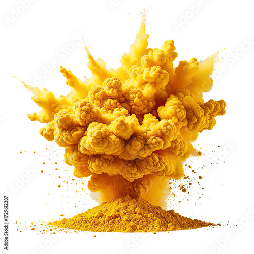 Dramatic, fiery explosion of yellow smoke, mushroom-shaped, against black