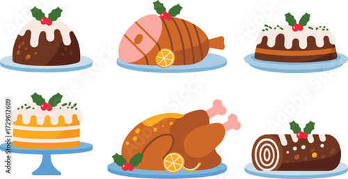Celebration Feast Assortment Festive Holiday Dining Illustration Graphic Set