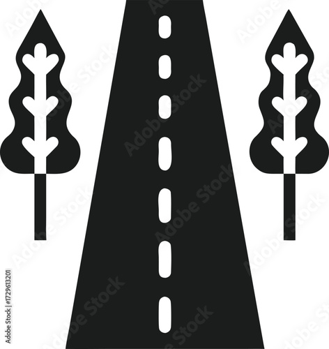 Straight road with dashed line between stylized trees street highway transparent web icon