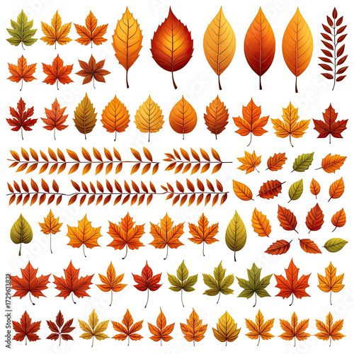 Pixelated autumn foliage leaves, sprigs, and various fall colors