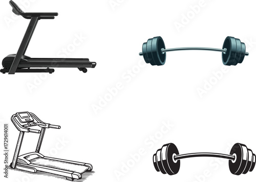 Treadmill and barbell gym equipment fitness training exercise tool