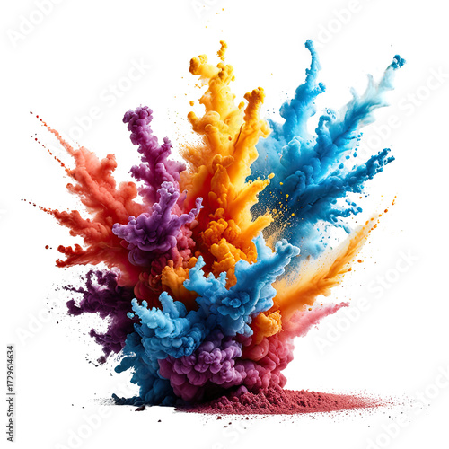 Exploding cloud of vibrant color powder particles on black backdrop