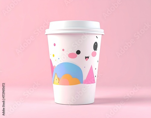 Cute paper cup with a face, colorful shapes, pink background