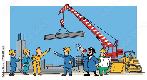 Construction Crew Overseeing Crane Lifting Steel Beam.