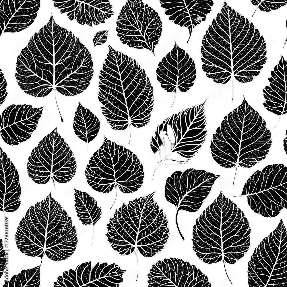 Obraz premium Monochrome leaves, white outlines, repeating pattern on black background