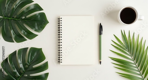 Tropical workspace setup with notebook and coffee for creative tasks
