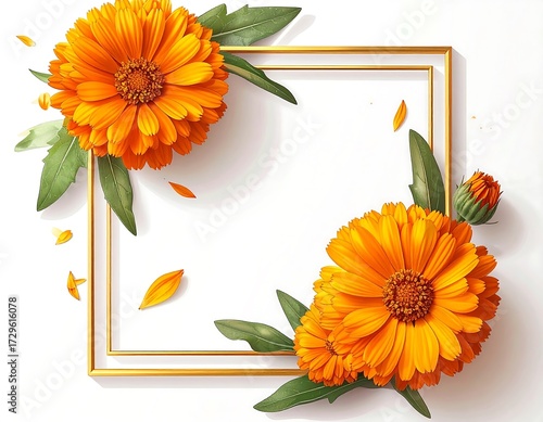 Orange Flowers and Green Leaves Frame Composition on White Background