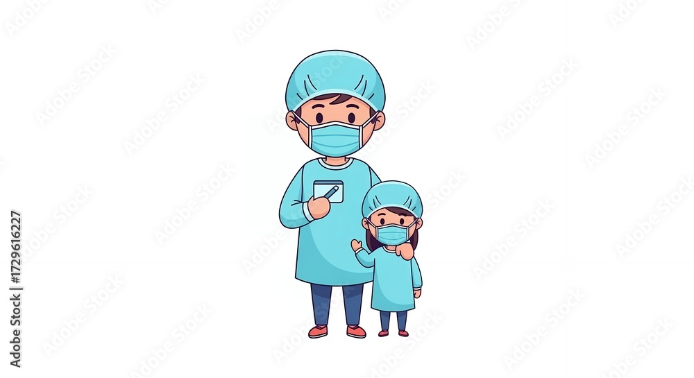 Fototapeta premium Illustration of Medical Professionals in Surgical Attire on White Background Showing Father and Child Doctor Roles Ready for Healthcare Procedures