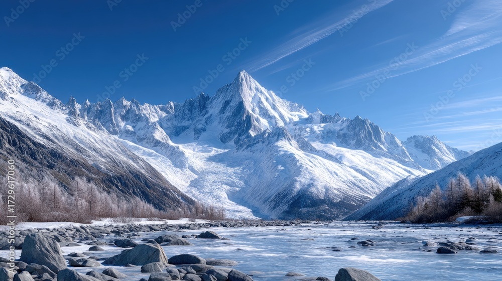 Fototapeta premium Majestic Snow Capped Mountain Range under Clear Blue Sky in Winter Landscape with Cinematic Lighting and Serene Atmosphere
