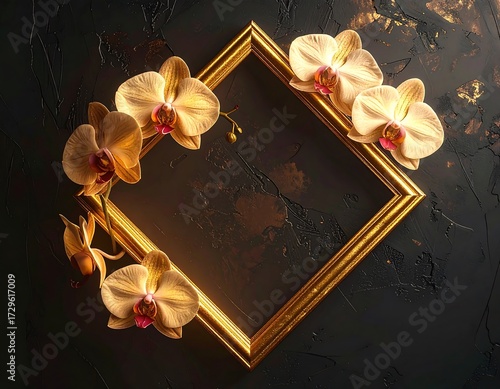 Orchid Flowers Framing a Gold Picture Frame on Dark Textured Background