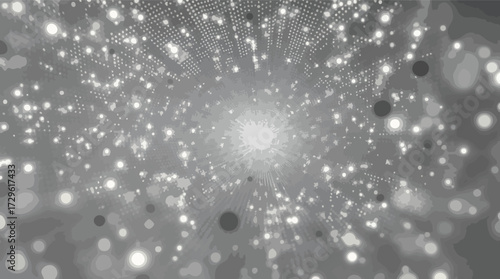 Abstract Tunnel of Light Particles and Bokeh Effects in Monochrome Tones vector illustration.