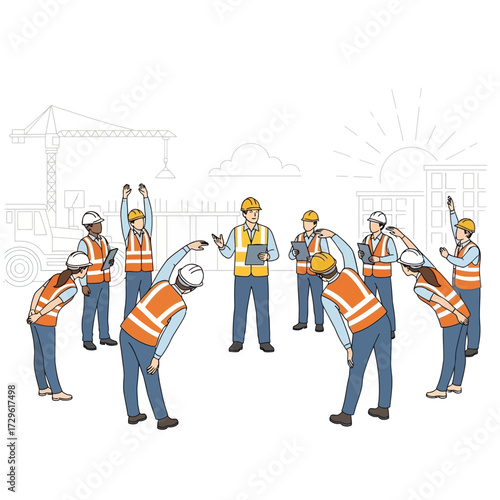 Construction Workers Stretching Before Work on Construction Site.