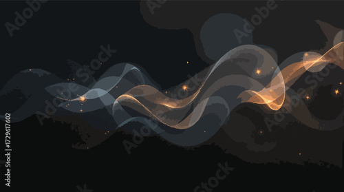 Flowing Abstract Smoke or Gas with Orange and Blue Hues and Golden Stars vector illustration.