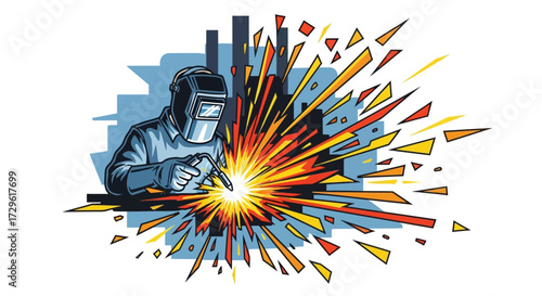 Dynamic illustration of a welder in a protective mask at work.