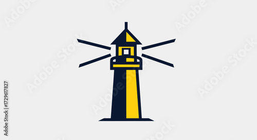 Minimalist two color lighthouse icon with light beams.